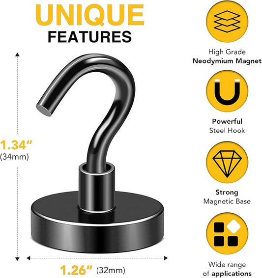 DIYMAG Black Magnetic Hooks, 120 LB Heavy Duty Strong Magnet with Hook, Rare Earth Neodymium Magnets for Hanging, Magnetics Hanger for Curtain, Home, Kitchen, Workplace, 20 Packs