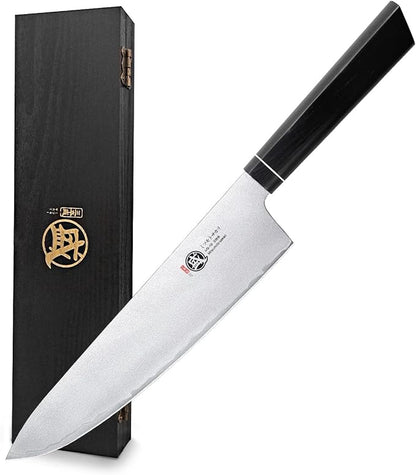 MITSUMOTO SAKARI Gyuto Chef Knife 8 Inch, Japanese VG-10 Hand Forged Kitchen Knife for Meat & Vegetables, G10 Handle with Sandalwood Box