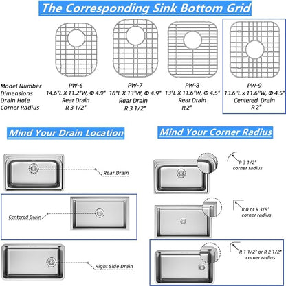 13.7"L X 11.6"W Sink Bottom Grid Protector Kitchen Universal Sink Grate, Stainless Steel Sink Drying Rack with Center Drain for Kitchen Double Bowl Sink, 2Pack