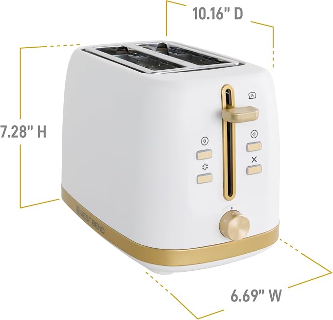 West Bend Timeless 2-Slice Toaster with 7 Browning Levels, Bagel/Waffle/Defrost Settings, High-Lift Lever, Anti-Jam, Easy-Clean Crumb Tray, 2-Slice, White/Gold