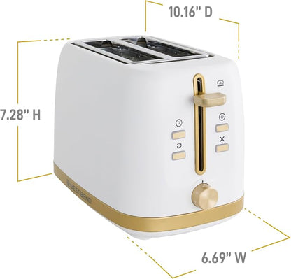 West Bend Timeless 2-Slice Toaster with 7 Browning Levels, Bagel/Waffle/Defrost Settings, High-Lift Lever, Anti-Jam, Easy-Clean Crumb Tray, 2-Slice, White/Gold