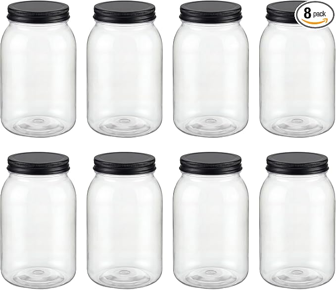 novelinks 32 oz Mason Jars with Plastic Lids, 8 Pack Large Plastic Salad Jars with Lids 32oz, Reusable Spice Containers & Kitchen Jars for Pantry Organization (8 Pack,Black)