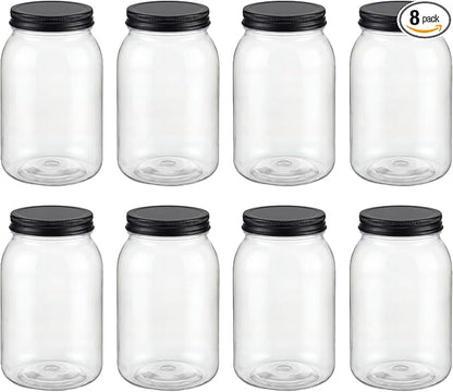 novelinks 32 oz Mason Jars with Plastic Lids, 8 Pack Large Plastic Salad Jars with Lids 32oz, Reusable Spice Containers & Kitchen Jars for Pantry Organization (8 Pack,Black)