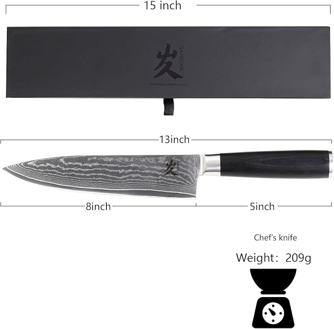 SAMCOOK Damascus Chef Knife, 8 inch Ultra Sharp Cooking Knife With VG-10 High Carbon Stainless Steel，Professional Chef Knives with Black Pakka wood Handle and Premium Gift Box