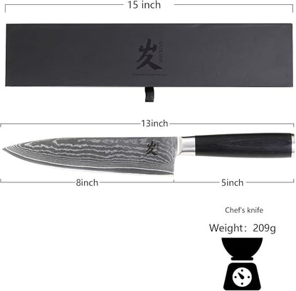 SAMCOOK Damascus Chef Knife, 8 inch Ultra Sharp Cooking Knife With VG-10 High Carbon Stainless Steel，Professional Chef Knives with Black Pakka wood Handle and Premium Gift Box