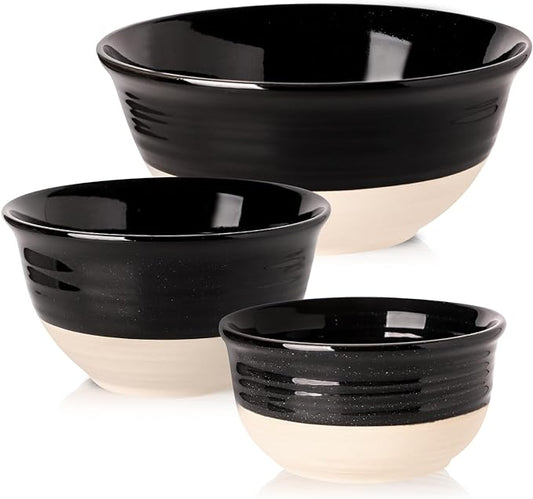 HASENSE Ceramic Mixing Bowls Set of 3, 84/40/20 Oz Black & Beige Stoneware Bowls, Farmhouse Bowls for Salad, Soup, Cooking Baking Serving Food, Nesting BowlsDishwasher & Microwave Safe