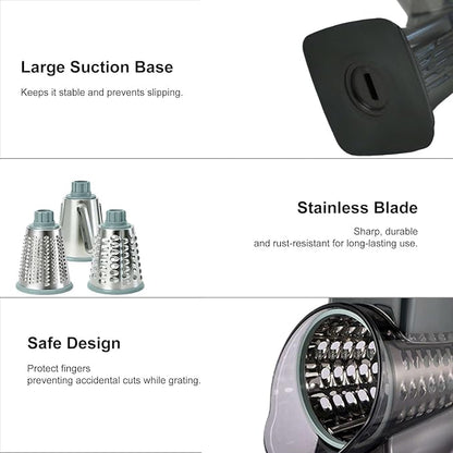 3-in-1 Manual Rotary Cheese Grater & Vegetable Slicer, Round Mandoline Food Chopper with 3 Interchangeable Blades, Strong Suction Base Hand Crank Grater for Cheese, Potato, Nuts & Veggies