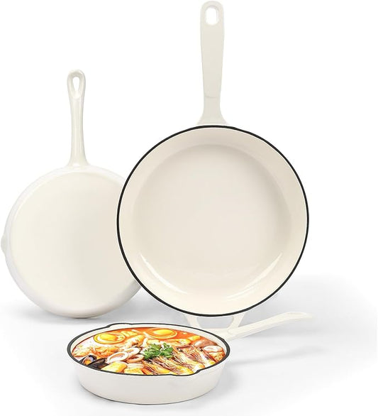 Nonstick Enameled Cast Iron Cookware - 3 enameled cast iron skillet 8-Inch, 9.5" Frying Pan & 11-Inch Large Cookware, Healthy Non Toxic Cooking Pan, PFOA PFAS PTFE Free, White