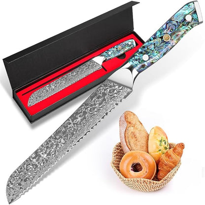 KEENZO Bread Knife,8 inch Multifunction Serrated Knife,Razor Sharp Professional Damascus Steel Cooking Slicer for Homemade Bread, Cake,Full Tang Ergonomic Abalone Shell Resin Handle,Gift Box