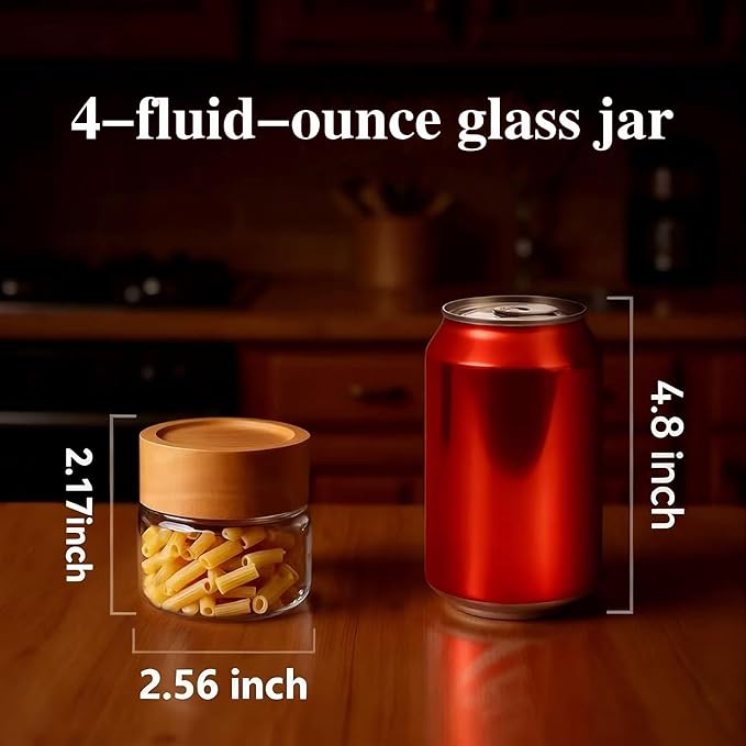 6-Pack 4 fl oz Stackable Airtight Glass Jars (with Acacia Wood Lids + Sticker Labels) – Small Mason Jars designed for overnight oats, spices, dry goods, and kitchen organization.