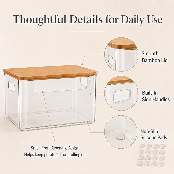 3 Pack Pantry Organizers and Storage Bins with Bamboo Lids,Trash Bag Holder | Stackable Containers for Potato,Onion,Fruit,Vegetable,Clear Dispenser for Kitchen Countertop,Cabinet and Under Sink