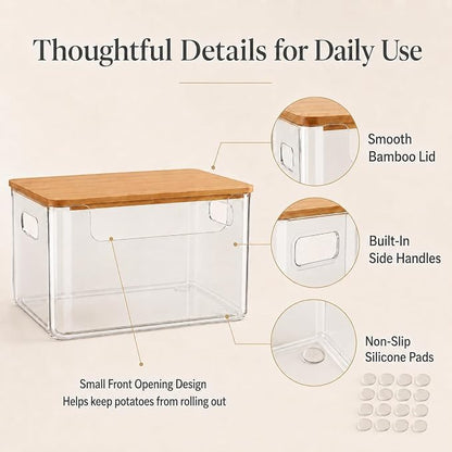 3 Pack Pantry Organizers and Storage Bins with Bamboo Lids,Trash Bag Holder | Stackable Containers for Potato,Onion,Fruit,Vegetable,Clear Dispenser for Kitchen Countertop,Cabinet and Under Sink
