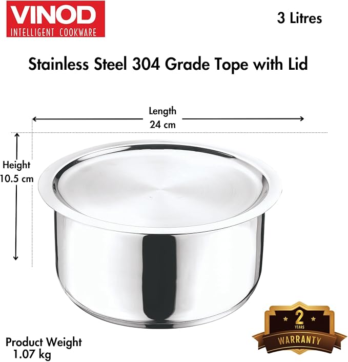 Vinod Stainless Steel 304 Grade Tope/Patila/Topiya with Lid - Diameter 20 cm, Capacity 3 Litre, Induction and Gas Stove Friendly, 2 Year Warranty, Silver