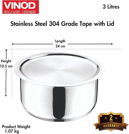Vinod Stainless Steel 304 Grade Tope/Patila/Topiya with Lid - Diameter 20 cm, Capacity 3 Litre, Induction and Gas Stove Friendly, 2 Year Warranty, Silver