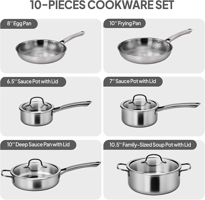 VINGLI 10 Pcs Cookware Set, Stainless Steel Pots and Pans Set with Lids, Non-Toxic Saute Sauce Pot, Soup Pot, Frying Pan, PFOA & PTFE Free, Compatible for All Cooktops(10 Cookware Set)