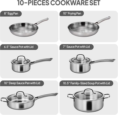 VINGLI 10 Pcs Cookware Set, Stainless Steel Pots and Pans Set with Lids, Non-Toxic Saute Sauce Pot, Soup Pot, Frying Pan, PFOA & PTFE Free, Compatible for All Cooktops(10 Cookware Set)
