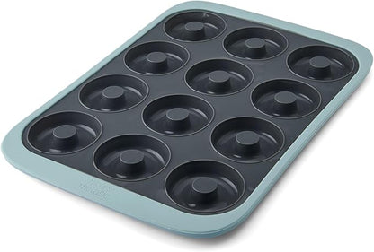 Chicago Metallic Silicone Donut Pan, 12 Cup Blue Nonstick Baking Pan for Donuts, Bagels and More, Wire-Reinforced Rim, Oven Safe to 428F, 14.6 x 10 x 1.4 Inches