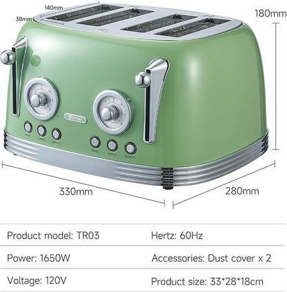 Wiltal 4 Slice Toaster, Retro Green Toaster, Bagel, With Stainless Steel Lid. Reheat, Defrost and Cancel Functions, Countdown Function, 6 Browning Levels, Stainless Steel Material, TR03