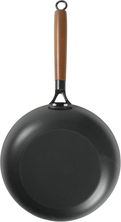 Babish 11 Inch Cast Iron Skillet with Wooden Handle, Pre-Seasoned Nonstick Pan with Honeycomb Textured Cooking Surface, Induction Oven Safe Skillet for Searing, Frying Eggs, Steak and Stir Fry