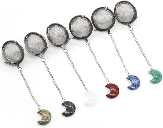 5 Pcs Tea Filter Stainless Steel with Moon Crystal Energy Stone Tea Strainers with Fine Mesh Extend Chain Hook Tea Ball Infuser for Loose Tea Leaves Spices Seasonings
