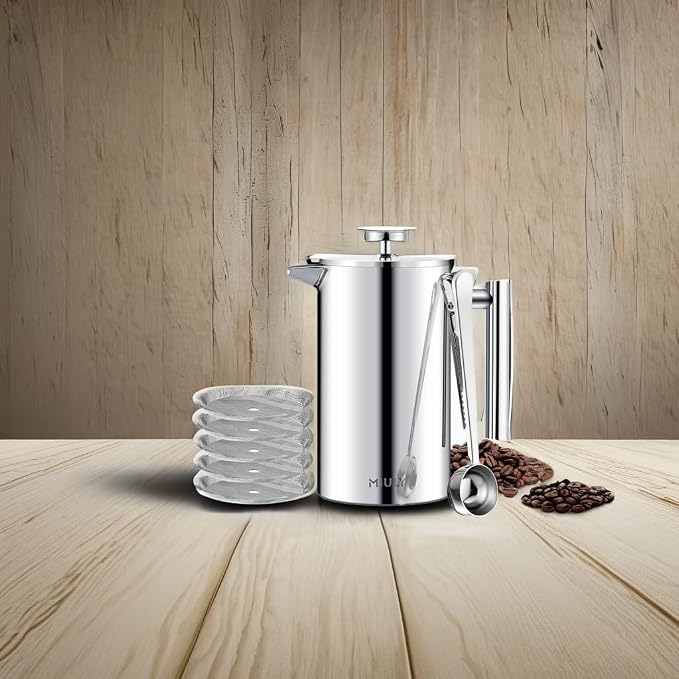 Miuly 34oz French Press Coffee Maker Stainless Steel Insulated Coffee Press Stainless Steel French Press 1 Liter (1000ML, Sliver)