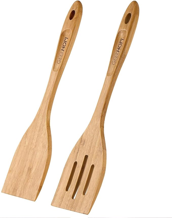 GEEKHOM Slotted Wooden Spurtle Bamboo Turners : 13 Inch Long Handle for Sourdough Starter, Mixing Reaching Jar Bottom, Nonstick Cookware 2 Pack