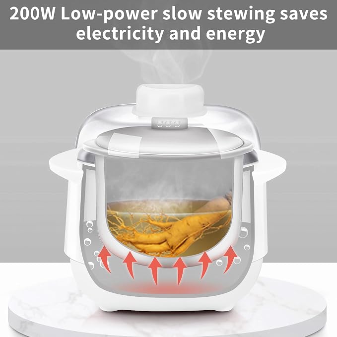 White 1L Mini Slow Cooker with Steamer Basket, 24-Hour Timer and Automatic Keep-Warm Function, 200W Smart Ceramic Electric Slow Cooker, Kitchen Cooking Appliance