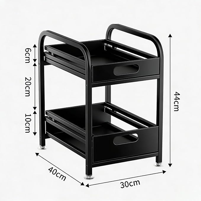 2 Tier Pull-out Storage Organizer, Slide Out Kitchen Cabinet Storage Sliding Shelves, Under Sink Organizers Drawer, Multi-Purpose Storage Rack for Kitchen Pantry, Bathroom Countertop Storage (Black)