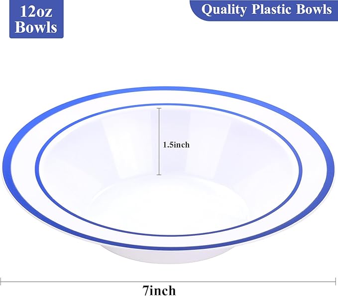 Goodluck 50 Pack Plastic Bowls with Blue Rim, 12oz Disposable Soup Bowls, Heavy Duty Dessert Bowls for Graduations, Weddings, Parties, Catering, and Everyday Use