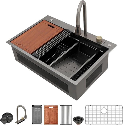 Lordear 33 Inch Black Drop In Kitchen Sink Waterfall T304 16 Gauge Stainless Steel Single Bowl Workstation Ledged Functional Large Kitchen Sinks 33x22x10 Inch