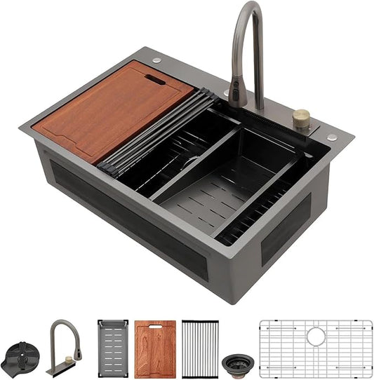 Lordear 33 Inch Black Drop In Kitchen Sink Waterfall T304 16 Gauge Stainless Steel Single Bowl Workstation Ledged Functional Large Kitchen Sinks 33x22x10 Inch