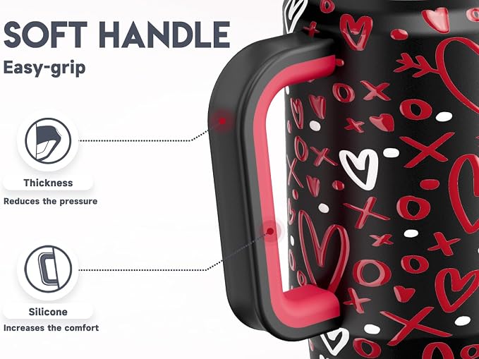 Meoky 32 oz Tumbler with Handle, Insulated Tumbler with Lid and Straw, Stainless Steel Travel Mug, Keeps Cold for 24 Hours, 100% Leak Proof, Fits in Car Cup Holder (Romance)