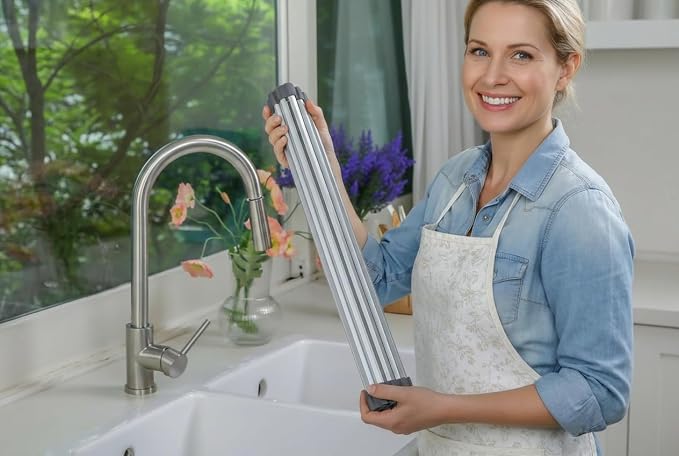Medium Aluminum Roll Up Dish Drying Rack (17" x 13") - Fits Sinks up to 16 Inches, Heavy Duty Square Bar, Rust-Proof & Heat Resistant with Removable Dish Holder (Purple Gray Medium)