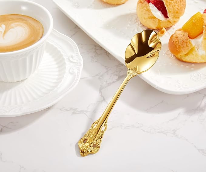 KEAWELL Premium Luxury 4-Piece 6" Tea Spoon Set, 18/10 Stainless Steel, Vintage Coffee Espresso Demitasse Spoons, Smooth Edges, Dishwasher Safe (Gold)