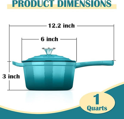 E-far Enameled Cast Iron Sauce Pan with Lid, 1 Quart Dutch Oven Saucepan, Mini Sauce Pot for Cooking, Boiling, Healthy & Non Toxic, Induction & Oven Safe, Green