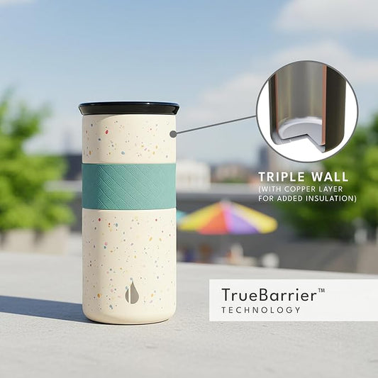 Elemental Artisan Insulated Tumbler, Triple Wall Coffee Travel Mug, Reusable Stainless Steel Coffee Tumbler with Ceramic Lid, Thermal Coffee Cups for Hot (6 Hrs) & Cold (18 Hrs), 16oz- Rainbow Speckle