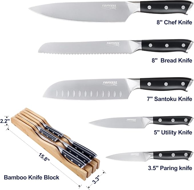 Topfeel 6Pcs Kitchen Knife Set with In-Drawer Bamboo Knife Organizer- 3.5-8 Inch Set Kitchen Knives German High Carbon Stainless Steel Sharp Knife, Knives Set for Kitchen with Ergonomic Handle