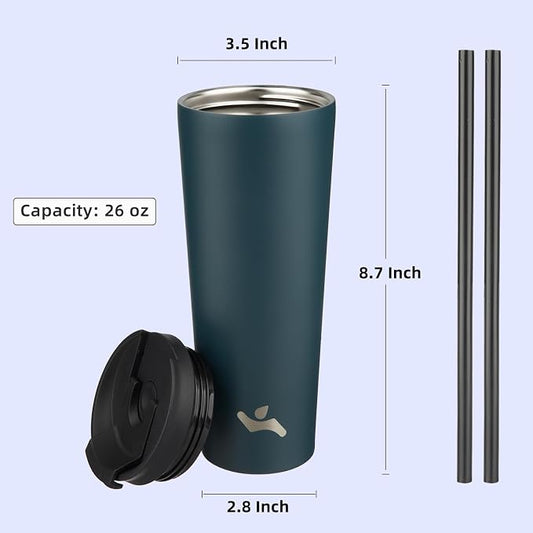 Konokyo 26 OZ Insulated Tumbler with Lid and 2 Straws Stainless Steel Water Bottle Vacuum Travel Mug Coffee Cup,Navy blue
