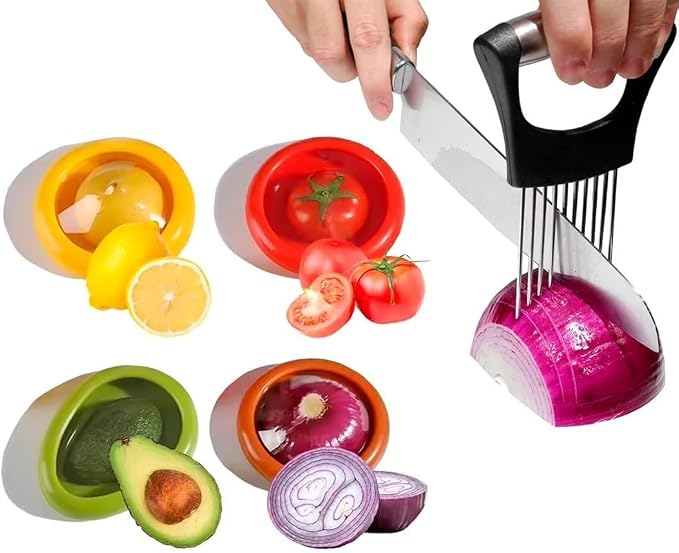 Avocado Saver Holder and Tomato Storage Set of 4 | Stainless Steel Onion Slicer - Reusable Containers for Fruits, Garlic, Lemons, Potatoes, and Vegetables - Ideal for Slicing and Keeping Fresh