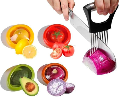 Avocado Saver Holder and Tomato Storage Set of 4 | Stainless Steel Onion Slicer - Reusable Containers for Fruits, Garlic, Lemons, Potatoes, and Vegetables - Ideal for Slicing and Keeping Fresh