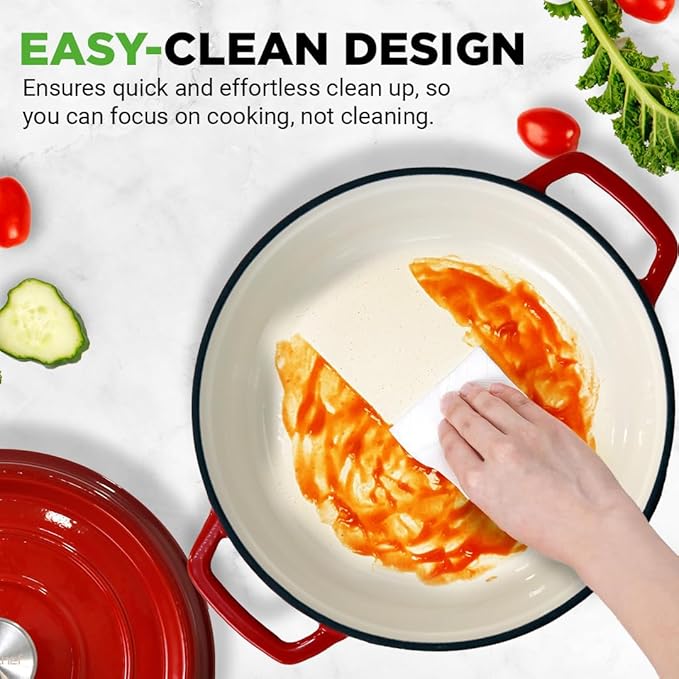 NutriChef Enameled Cast Iron Dutch Oven – 5 QT Pot with Lid, Cooking Pot with Moisture-Sealing Lid for Bread Baking, Stews, Braising, Roasting, Marinating & Slow Cooking – Oven Safe Up to 500°F