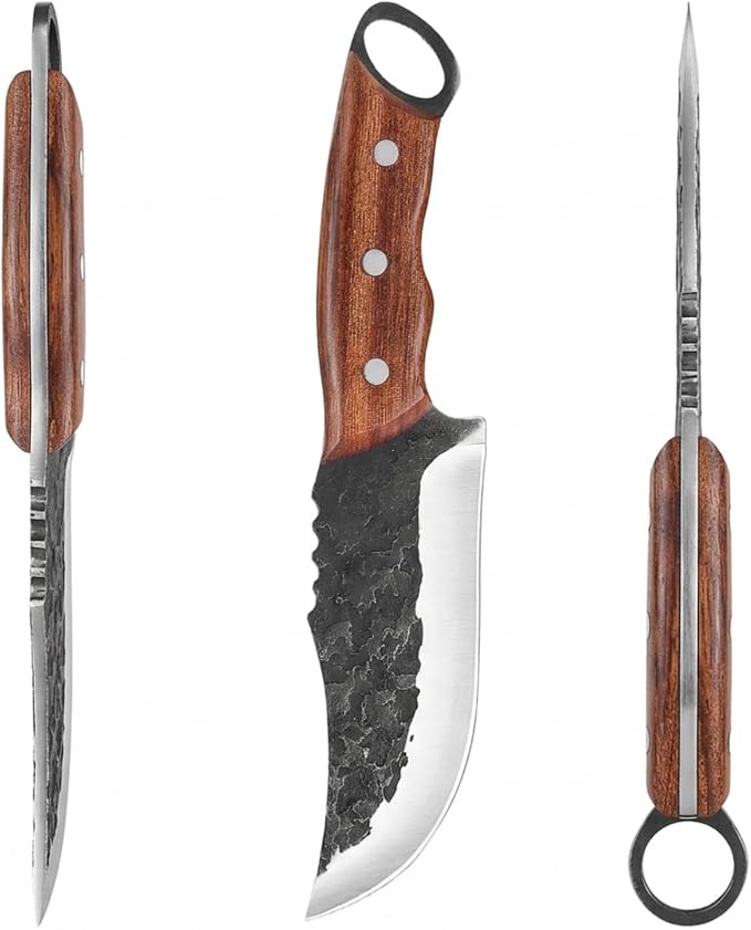 KOFERY Hand Forged Serbian Chef Knife and Viking Butcher Cleaver in 4Cr13MoV Steel with Full Tang Rosewood Handle for Camp & BBQ Butchering with Leather Sheath and Sharpener