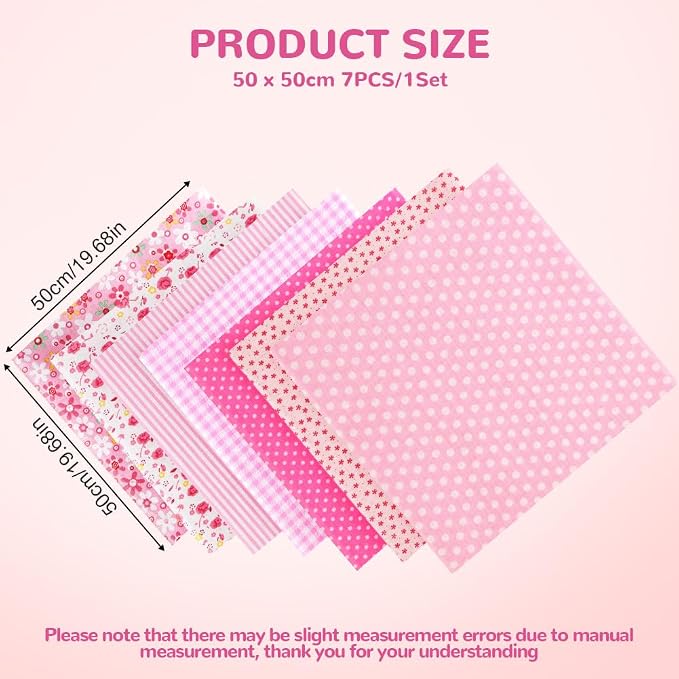 Ainiv 7pcs 100% Cotton Quilting Fabric Bundles, 19.68"x19.68" Fabric Bundles Squares, Floral Precut Squares Patchwork for Quilting, Sewing, DIY Crafts, Mask, Pink