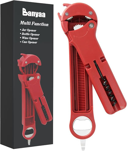 Jar Opener for Seniors with Arthritis, 7 in 1 Bottle Opener and Wine Corkscrew, Easy Grip Kitchen Gadget for Weak Hands Elderly, Retractable Jaw Lid Opener with Magnetic Storage (Red)