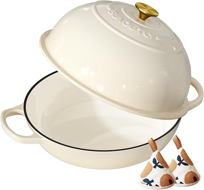 Enameled Cast Iron Bread Oven, 6QT Cast Iron Dutch Oven for Homemade Sourdough Bread Baking, Round Bread Pot with Dome Lid & Cotton Potholders, Cream White