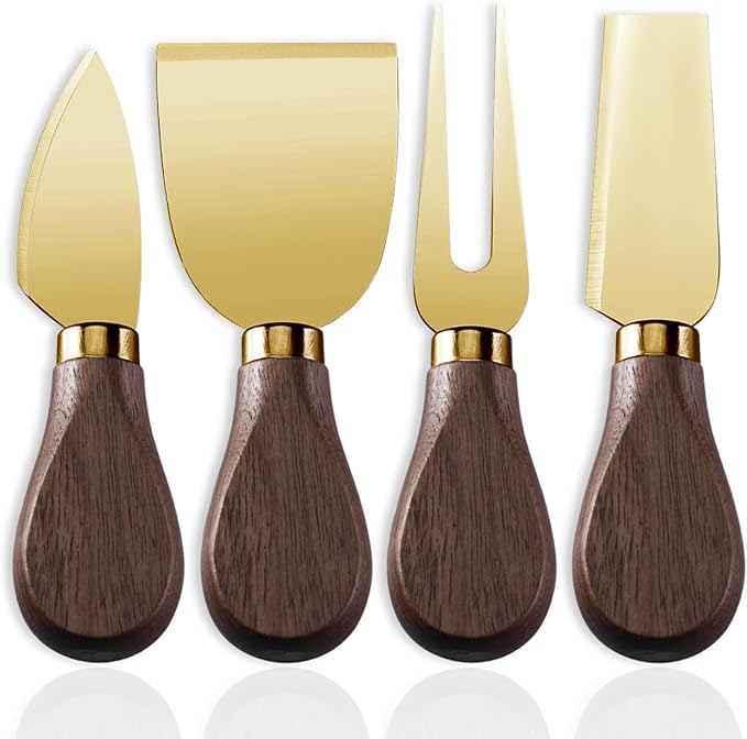 Linwnil 4-Piece Set of Stainless Steel Cheese Knives with Wood Hand, Including Cheese Slicer and Cheese Cutters, Essential Cheese Tools for the Kitchen (Walnut handle, Gold)