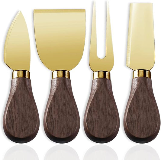 Linwnil 4-Piece Set of Stainless Steel Cheese Knives with Wood Hand, Including Cheese Slicer and Cheese Cutters, Essential Cheese Tools for the Kitchen (Walnut handle, Gold)