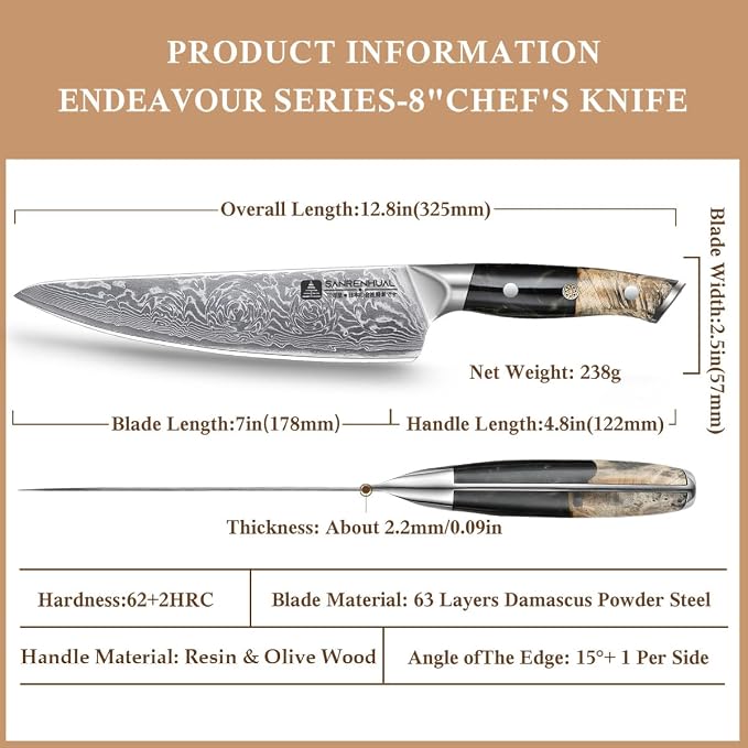 8 inch Japanese Damascus Chef Knife, Damascus Chefs Knife Kitchen Knives for All-Around Food Preparation, Japanese Super Steel Sharp Chef's Knives, Professional Resin Handle Chef Knife