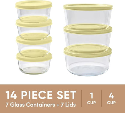14-Piece Glass Food Storage Containers Set (7 Containers + 7 BPA-Free Lids) | 1-Cup & 4-Cup, Leakproof | Microwave, Freezer, Oven & Dishwasher Safe | Ideal for Meal Prep & Pantry Organization, Yellow