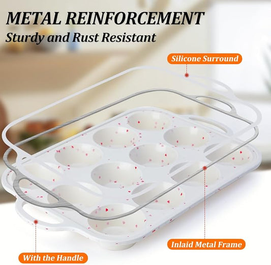 CAKETIME Regular Size Muffin Pan with Metal Reinforced Frame, Silicone Cupcake Pan Easy to Handle Nonstick 12 Cups Silicone Muffin Pans for Baking BPA Free 2 Pack